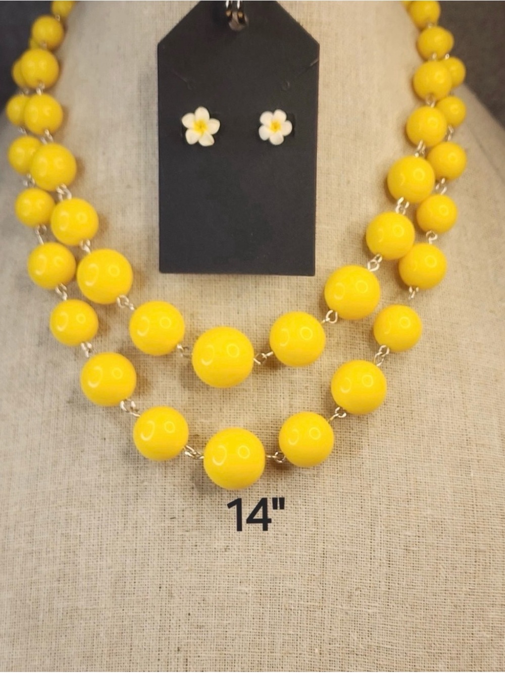 79. Yellow Bead Layered Necklace and Flower Stud Earrings